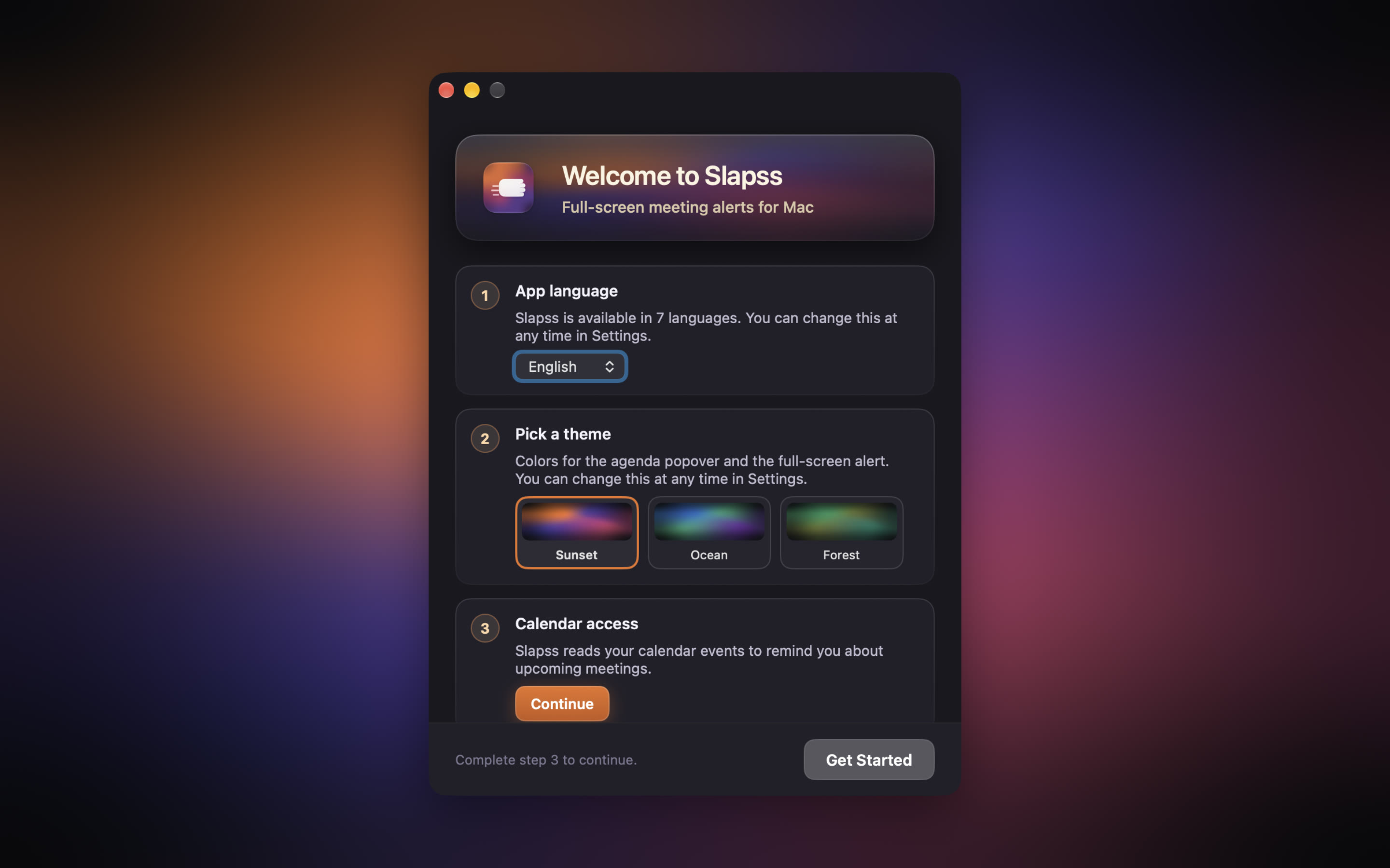 Slapss setup: language, theme and calendar access